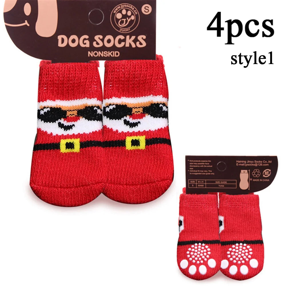 4pcs Non-Slip Christmas Socks for Small Dogs & Cats - Indoor Paw Protectors