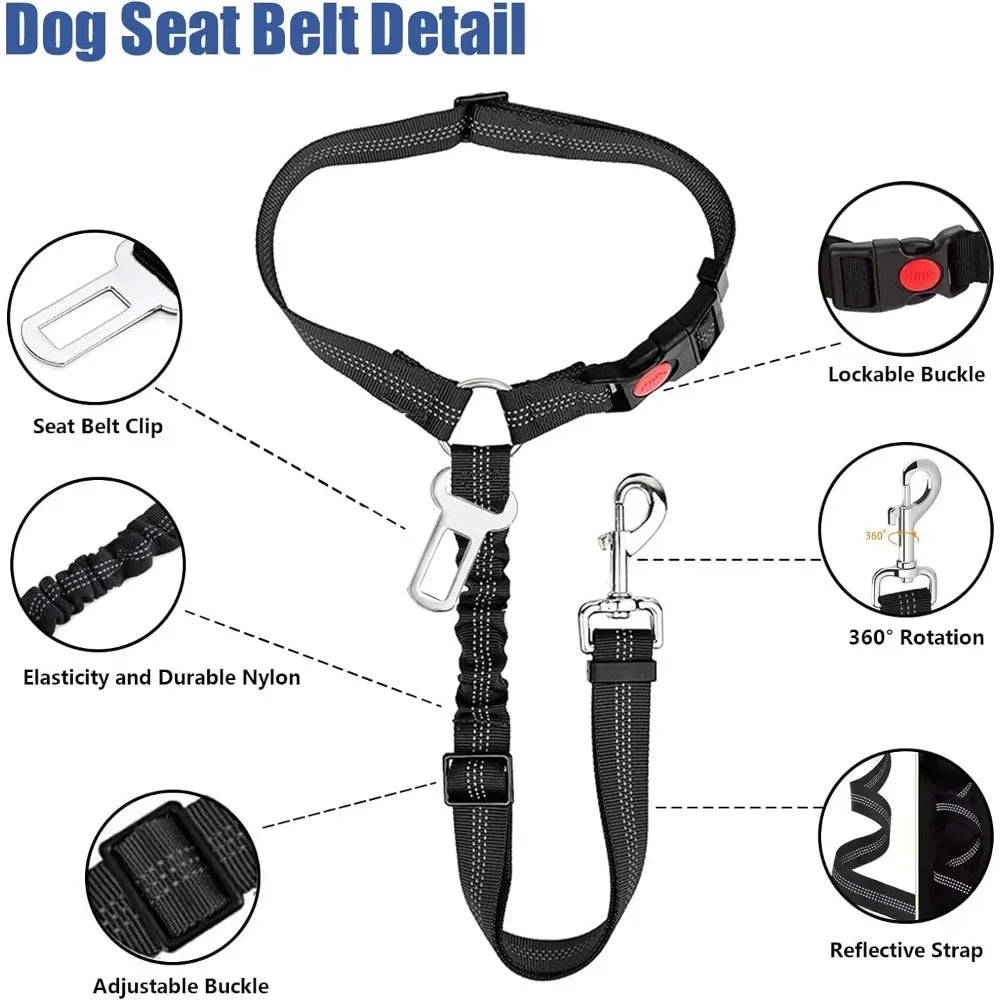 2-in-1 Dog Car Seatbelt & Headrest Restraint – Adjustable Reflective Safety Belt