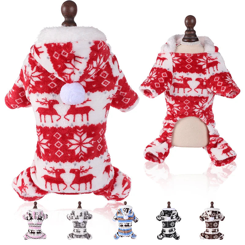 Winter Dog Christmas Jumpsuit - Warm Plush Pajamas for Small & Medium Pets