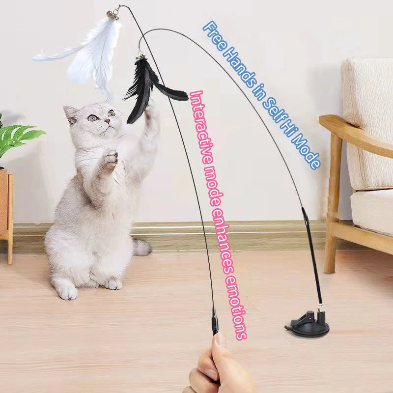 Hands-Free Suction Cup Cat Teaser Wand with Feather & Bird Toy