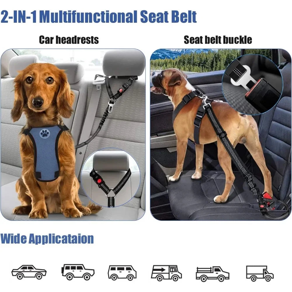 2-in-1 Dog Car Seatbelt & Headrest Restraint – Adjustable Reflective Safety Belt