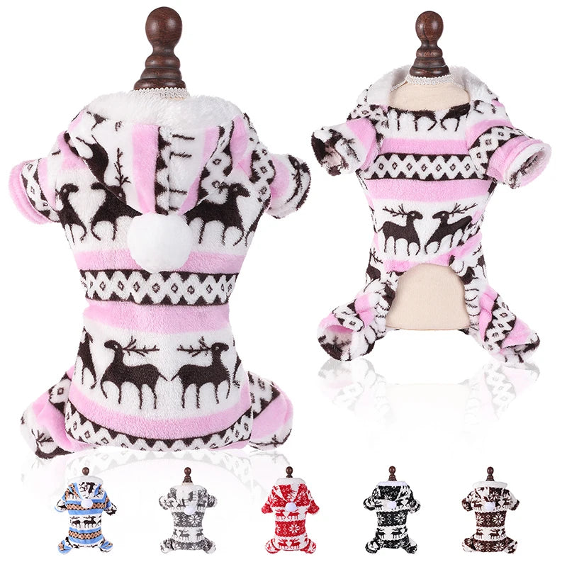 Winter Dog Christmas Jumpsuit - Warm Plush Pajamas for Small & Medium Pets
