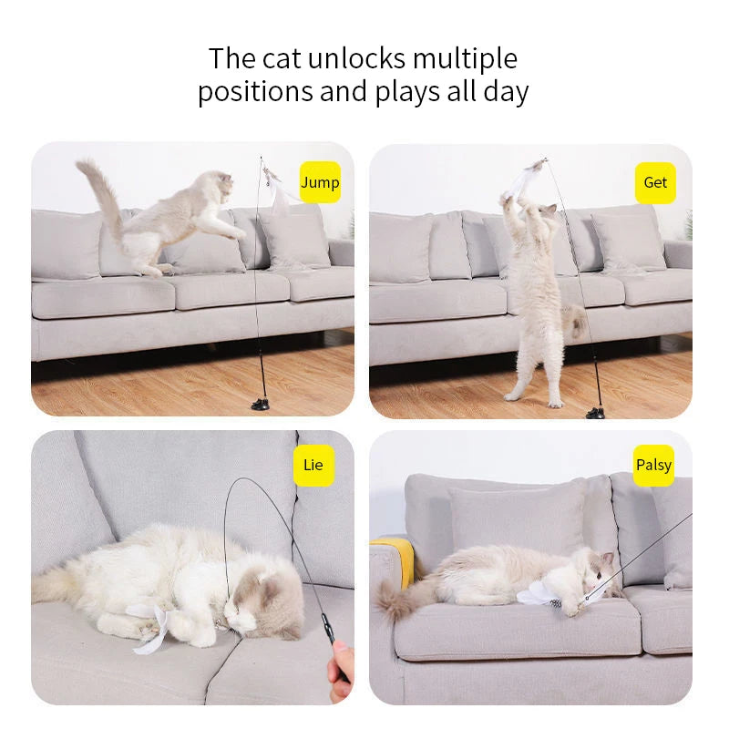 Hands-Free Suction Cup Cat Teaser Wand with Feather & Bird Toy