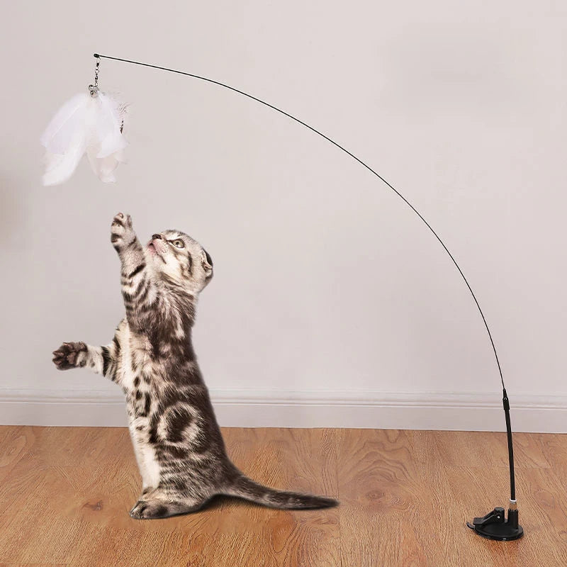 Hands-Free Suction Cup Cat Teaser Wand with Feather & Bird Toy
