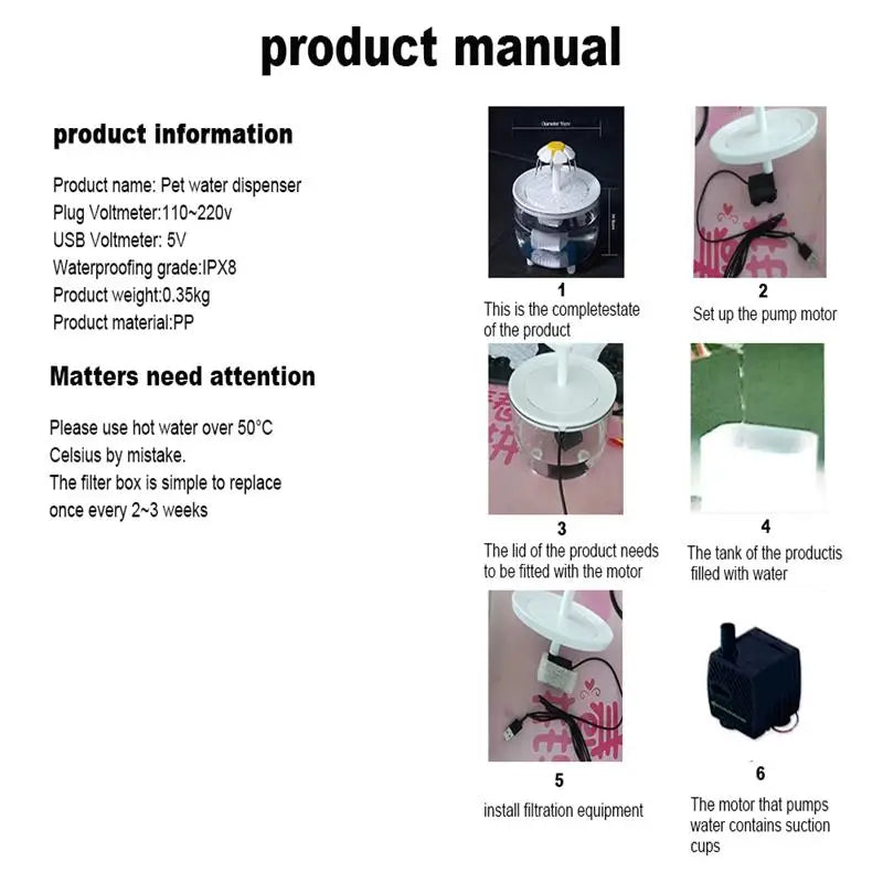 USB Cat Water Fountain, 1200mL Auto Filter, Quiet Drinking Bowl