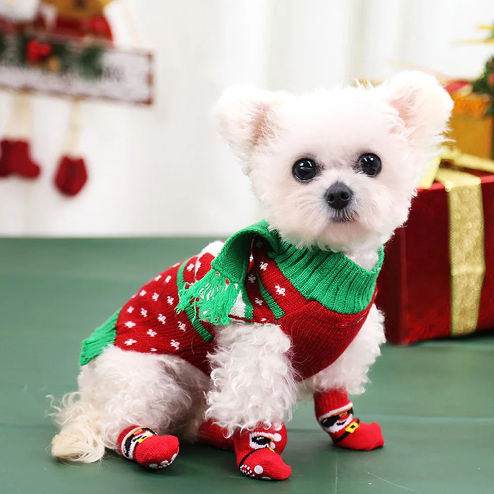 4pcs Non-Slip Christmas Socks for Small Dogs & Cats - Indoor Paw Protectors
