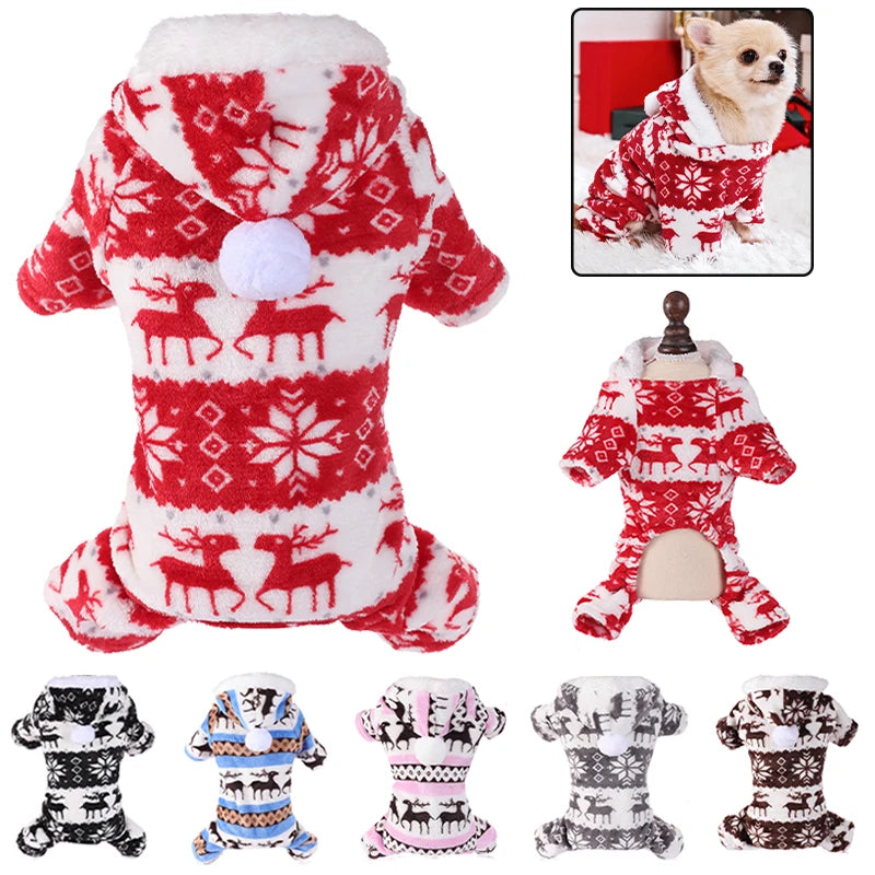 Winter Dog Christmas Jumpsuit - Warm Plush Pajamas for Small & Medium Pets