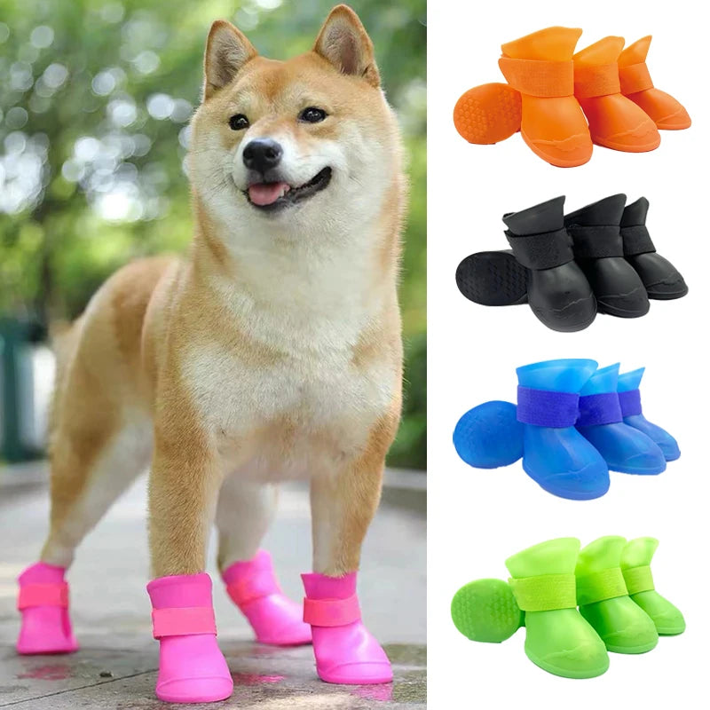 4Pcs Waterproof Anti-Slip Pet Boots - Rubber Rain Shoes for Dogs & Cats