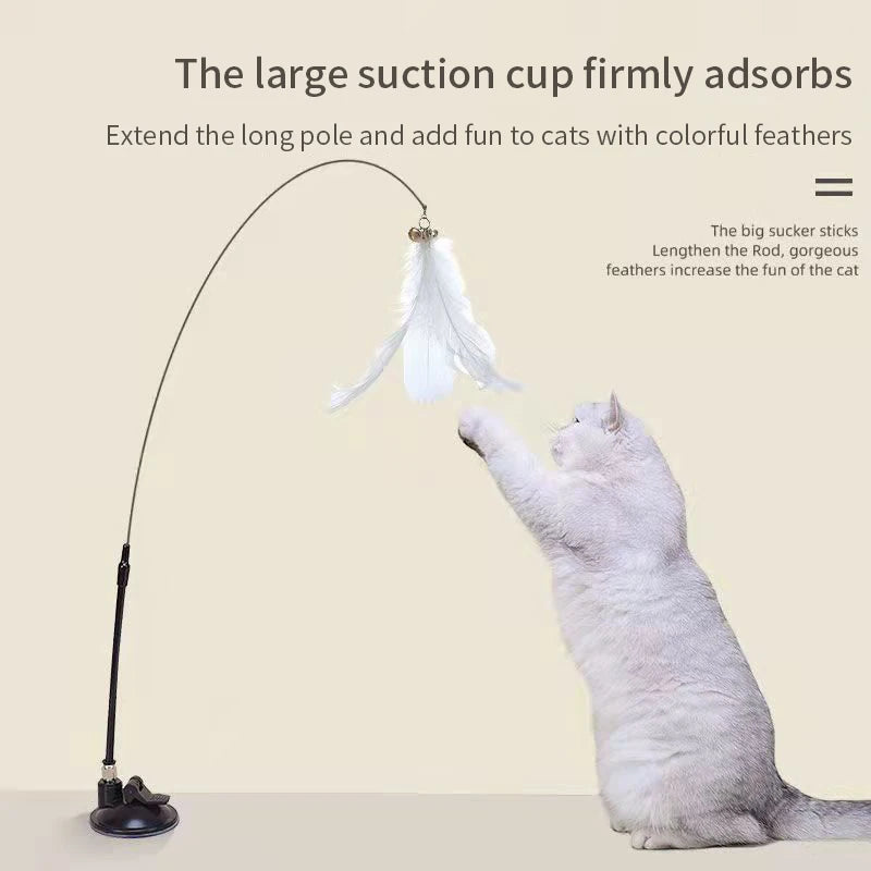 Hands-Free Suction Cup Cat Teaser Wand with Feather & Bird Toy