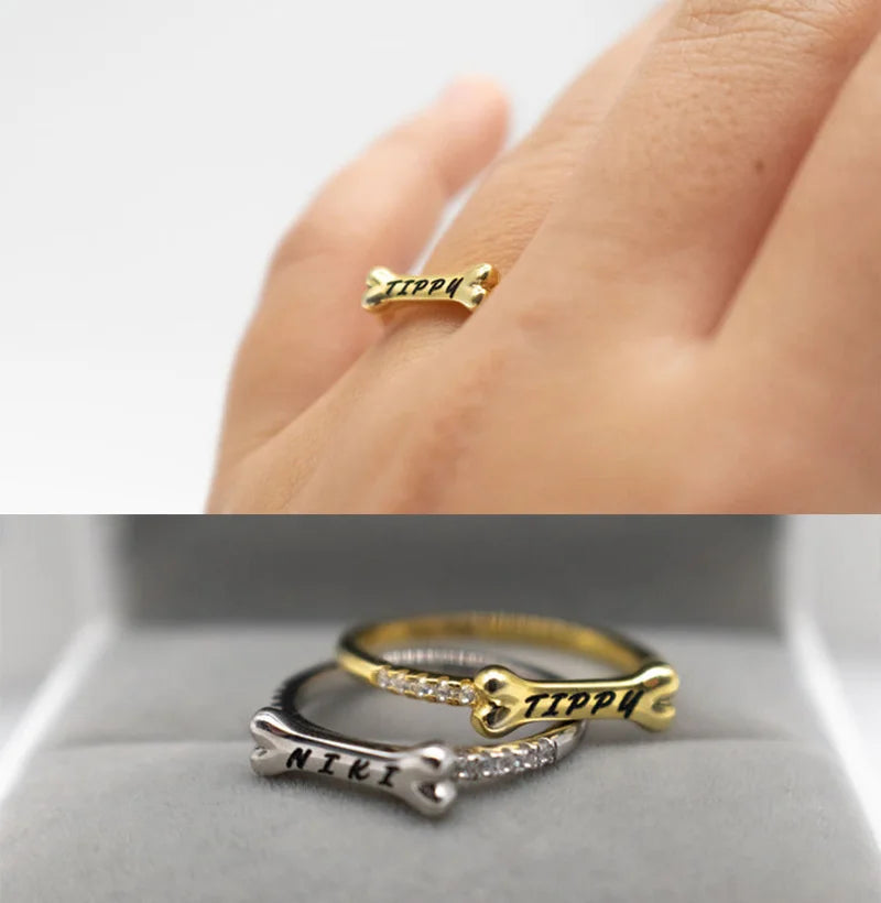 Personalized Silver Pet Name Ring with Cat Ears or Dog Bone – Custom Jewelry Gift