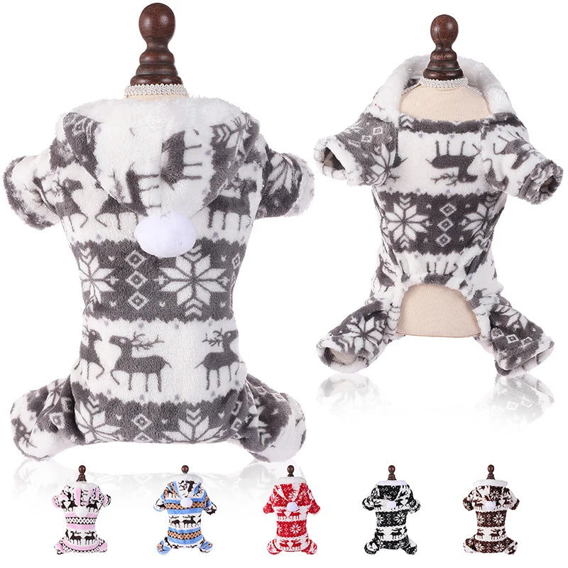 Winter Dog Christmas Jumpsuit - Warm Plush Pajamas for Small & Medium Pets