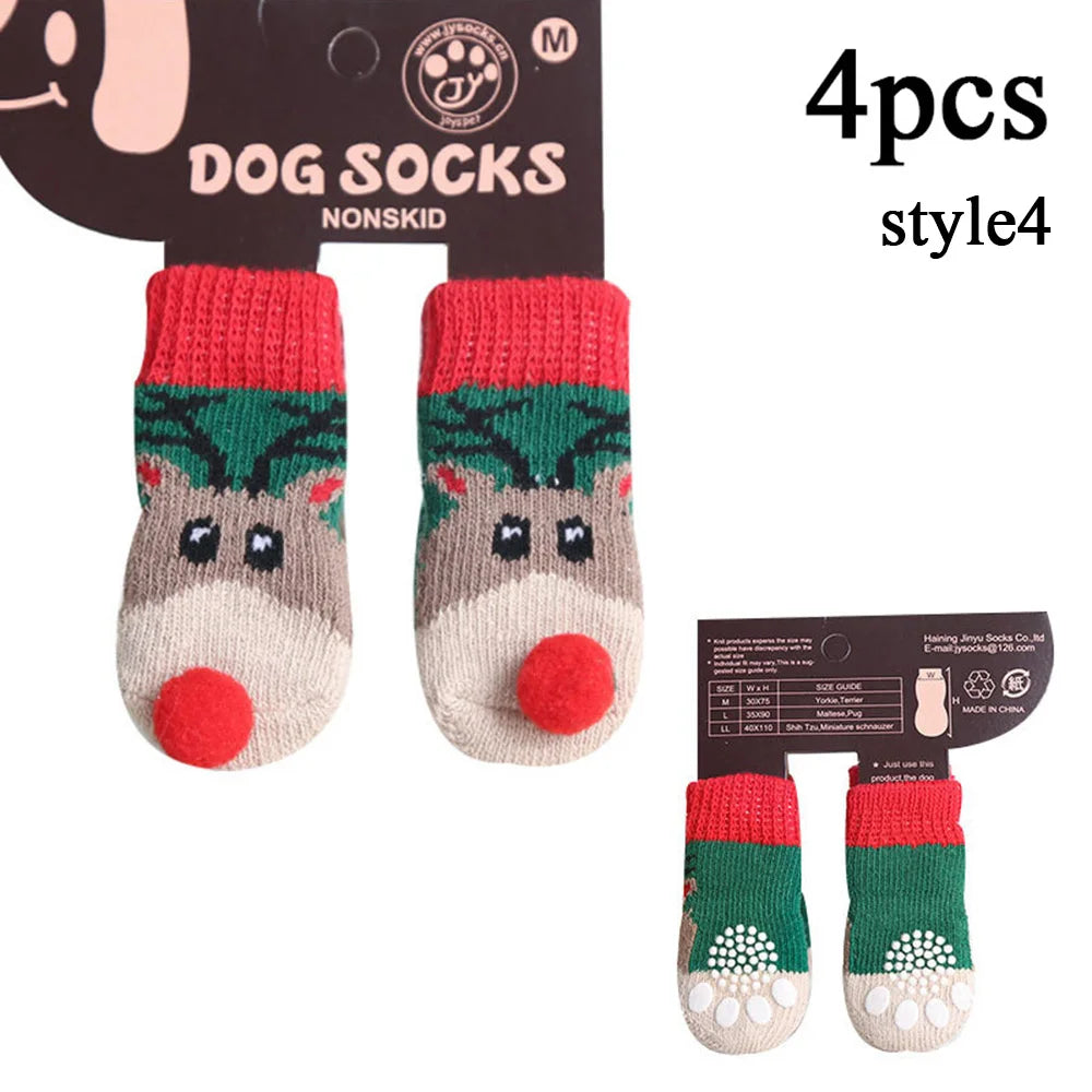 4pcs Non-Slip Christmas Socks for Small Dogs & Cats - Indoor Paw Protectors