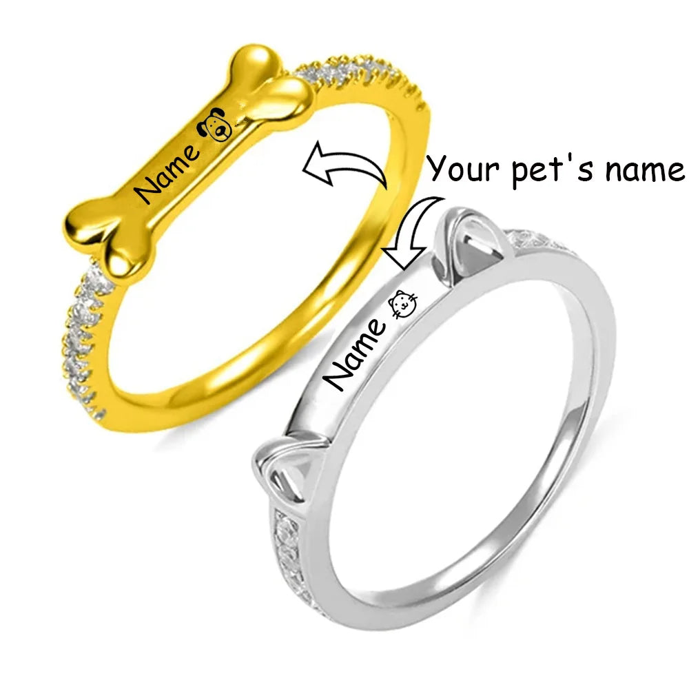 Personalized Silver Pet Name Ring with Cat Ears or Dog Bone – Custom Jewelry Gift
