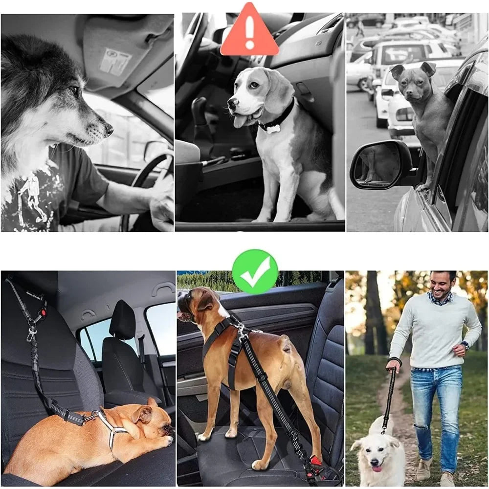 2-in-1 Dog Car Seatbelt & Headrest Restraint – Adjustable Reflective Safety Belt