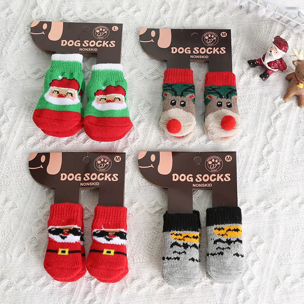 4pcs Non-Slip Christmas Socks for Small Dogs & Cats - Indoor Paw Protectors