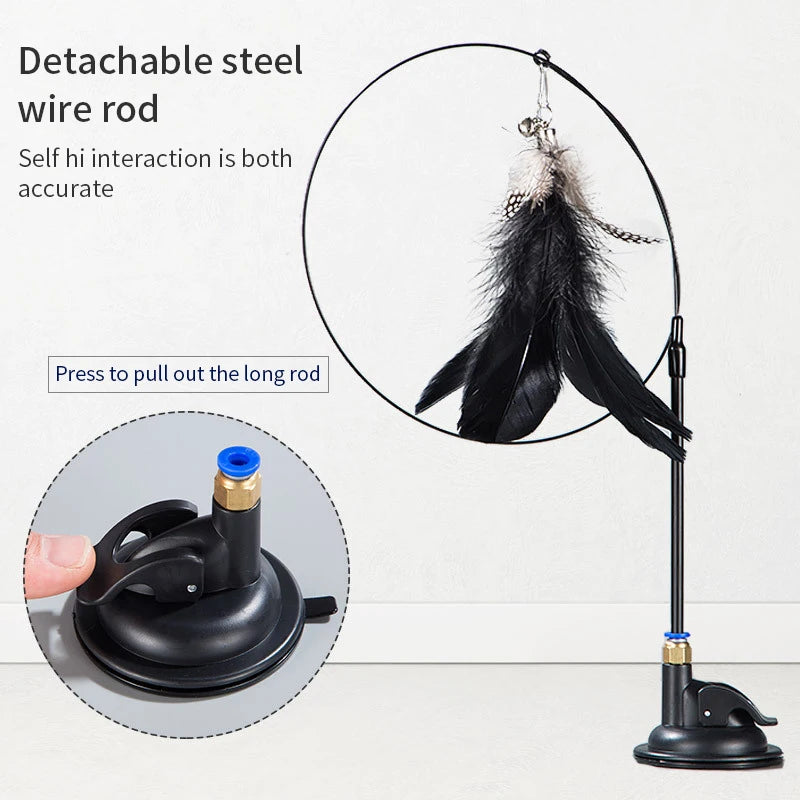 Hands-Free Suction Cup Cat Teaser Wand with Feather & Bird Toy