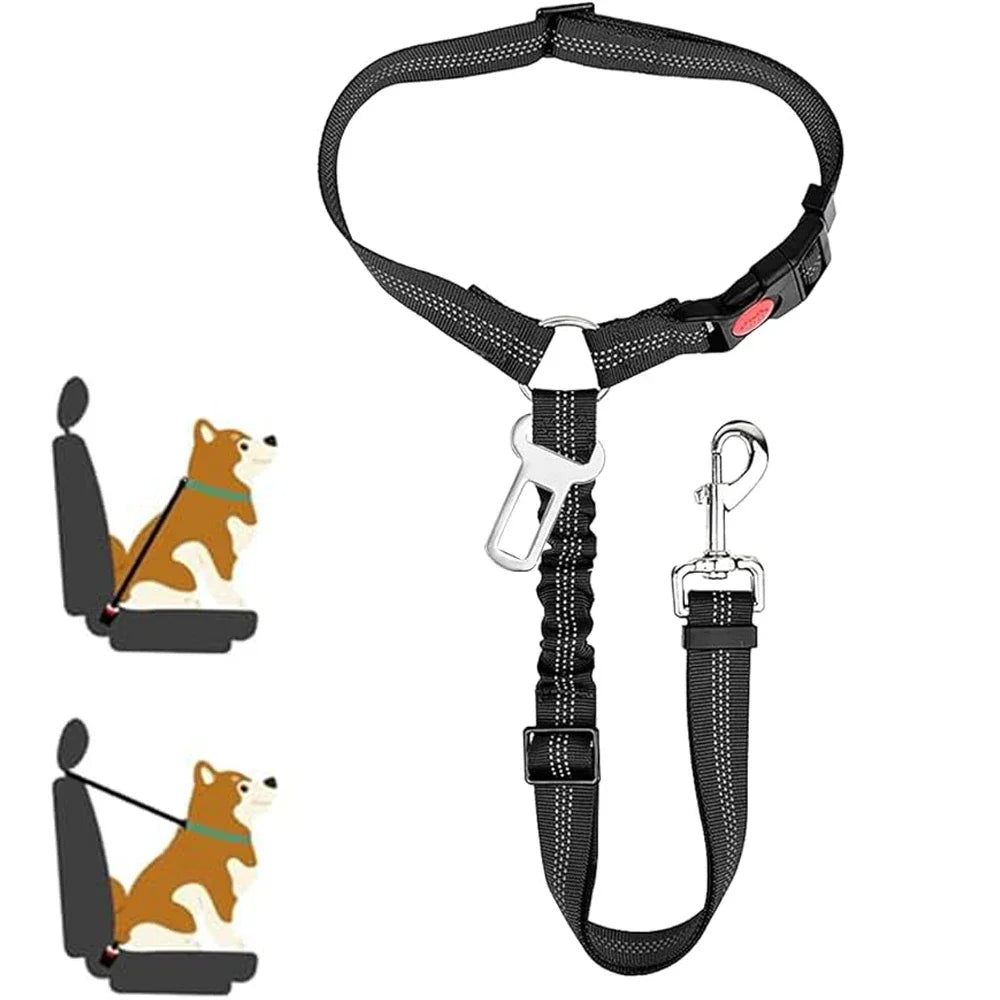 2-in-1 Dog Car Seatbelt & Headrest Restraint – Adjustable Reflective Safety Belt