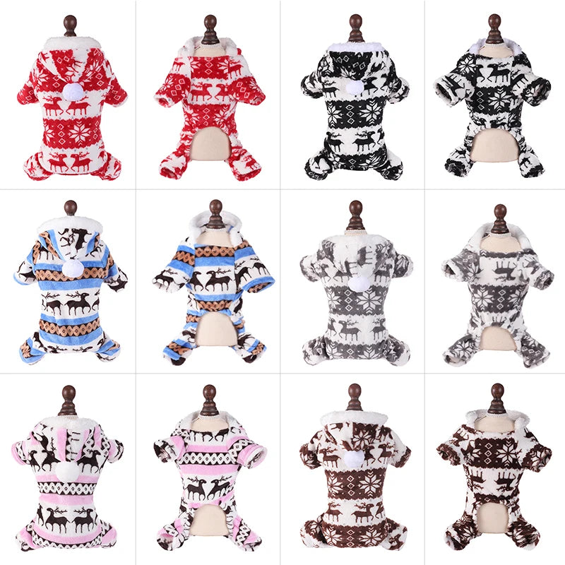 Winter Dog Christmas Jumpsuit - Warm Plush Pajamas for Small & Medium Pets