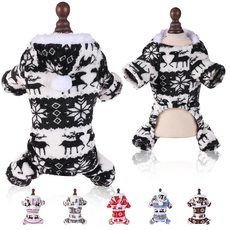 Winter Dog Christmas Jumpsuit - Warm Plush Pajamas for Small & Medium Pets
