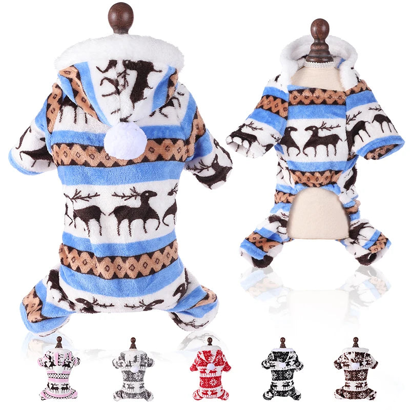 Winter Dog Christmas Jumpsuit - Warm Plush Pajamas for Small & Medium Pets