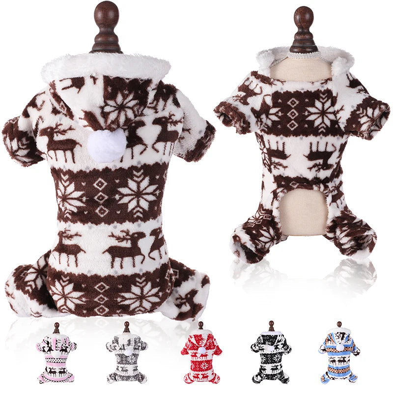 Winter Dog Christmas Jumpsuit - Warm Plush Pajamas for Small & Medium Pets
