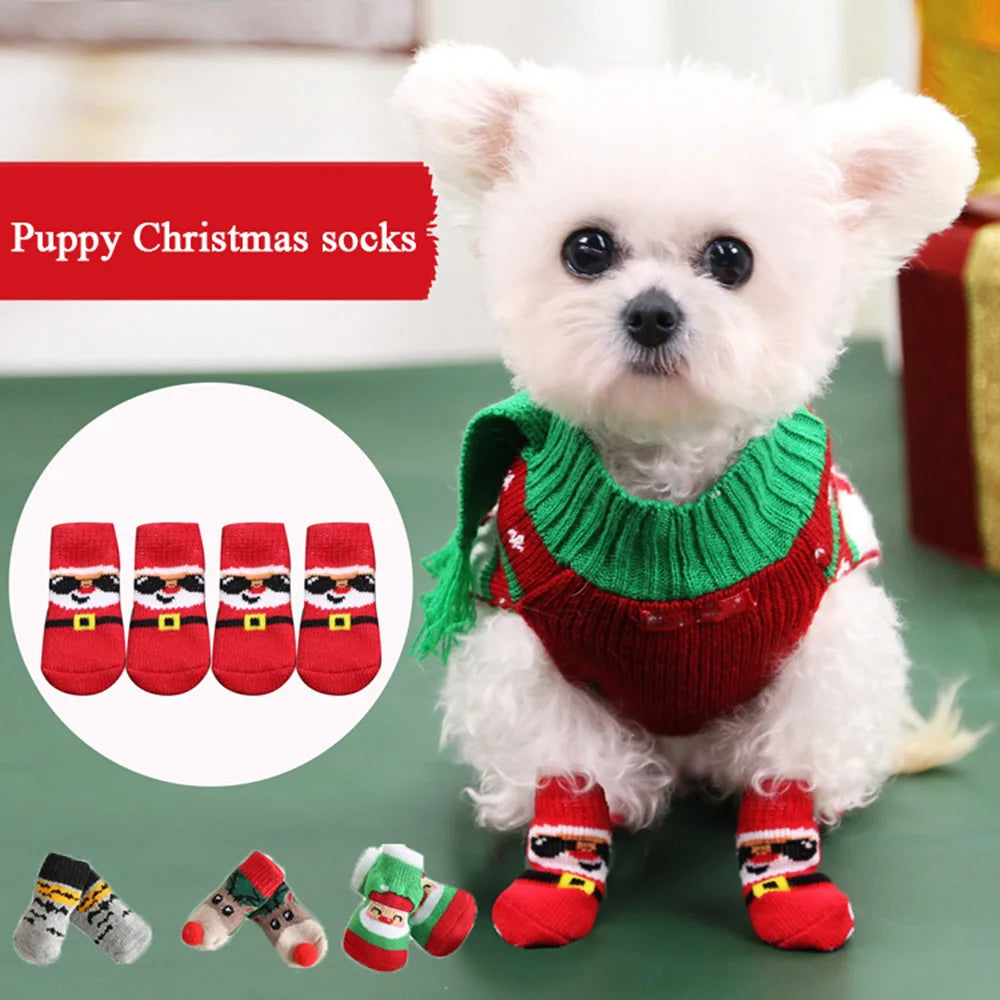 4pcs Non-Slip Christmas Socks for Small Dogs & Cats - Indoor Paw Protectors