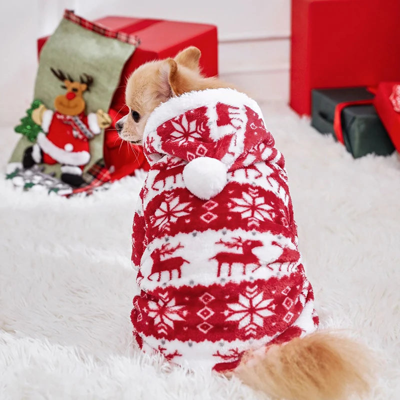 Winter Dog Christmas Jumpsuit - Warm Plush Pajamas for Small & Medium Pets